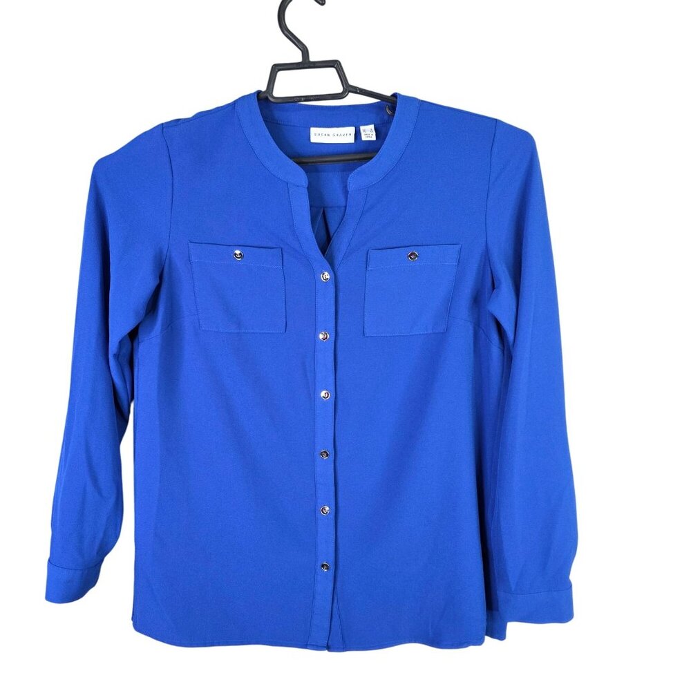 Womens Susan Graver Royal Blue Blouse Button Up Chest Pockets Long Sleeves S